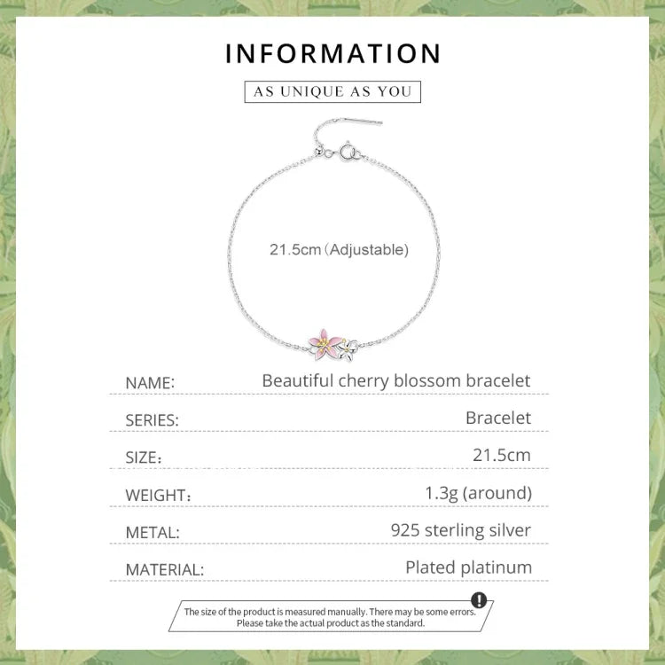 Pulseira Feminina Flor de Cerejeira em Prata Esterlina S925, Flor de Cerejeira