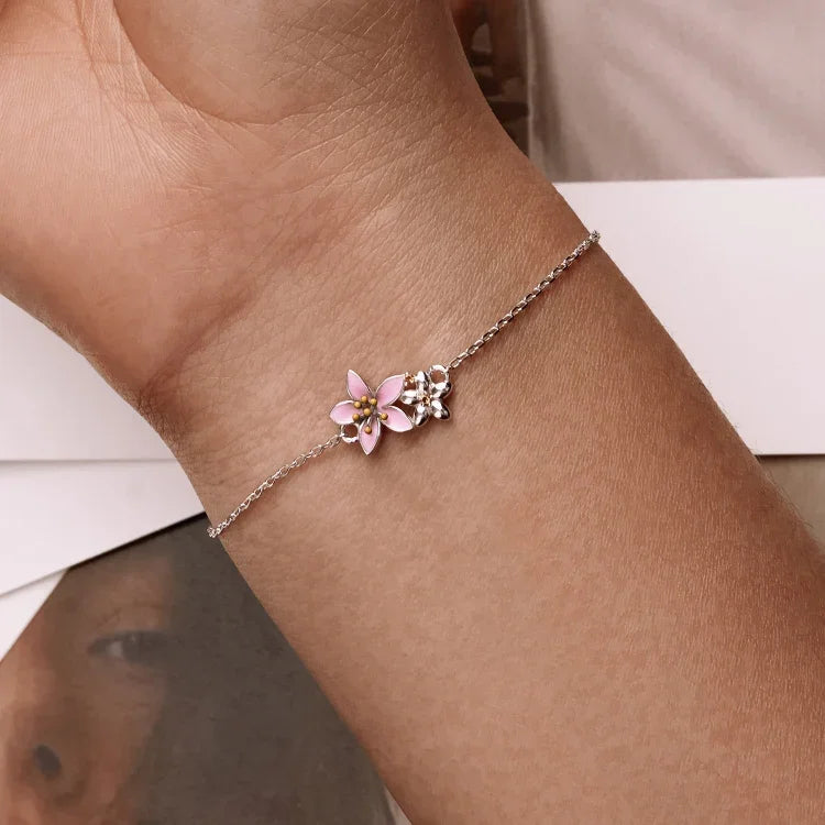 Pulseira Feminina Flor de Cerejeira em Prata Esterlina S925, Flor de Cerejeira