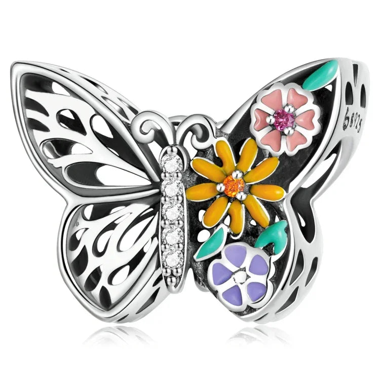 Acessórios DIY para Pulseira e Colar com Contas de Flor e Borboleta em Prata Esterlina S925, Flor e Borboleta