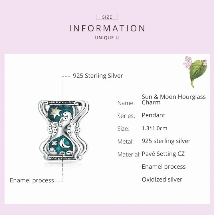Contas de Sol, Lua e Ampulheta em Prata Esterlina S925 para DIY em Pulseira ou Colar, Sol, Lua e Ampulheta
