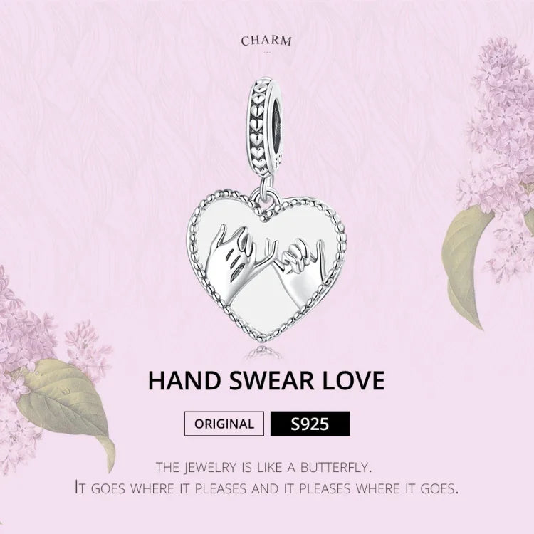 Pendente de Mãos Dadas em Forma de Coração em Prata Esterlina S925 para DIY Pulseira Colar Acessórios, Mãos Dadas