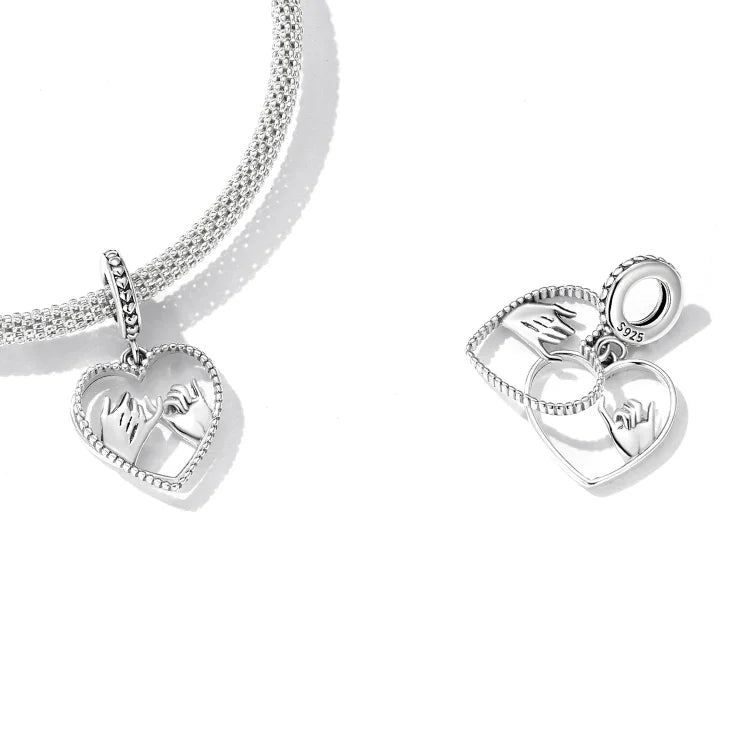 Pendente de Mãos Dadas em Forma de Coração em Prata Esterlina S925 para DIY Pulseira Colar Acessórios, Mãos Dadas