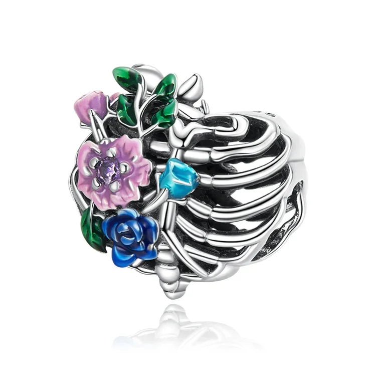 Contas de Flor de Costela em Forma de Coração em Prata Esterlina S925 para DIY Pulseira Colar Acessórios, Flor de Costela em Coração