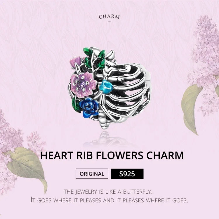 Contas de Flor de Costela em Forma de Coração em Prata Esterlina S925 para DIY Pulseira Colar Acessórios, Flor de Costela em Coração