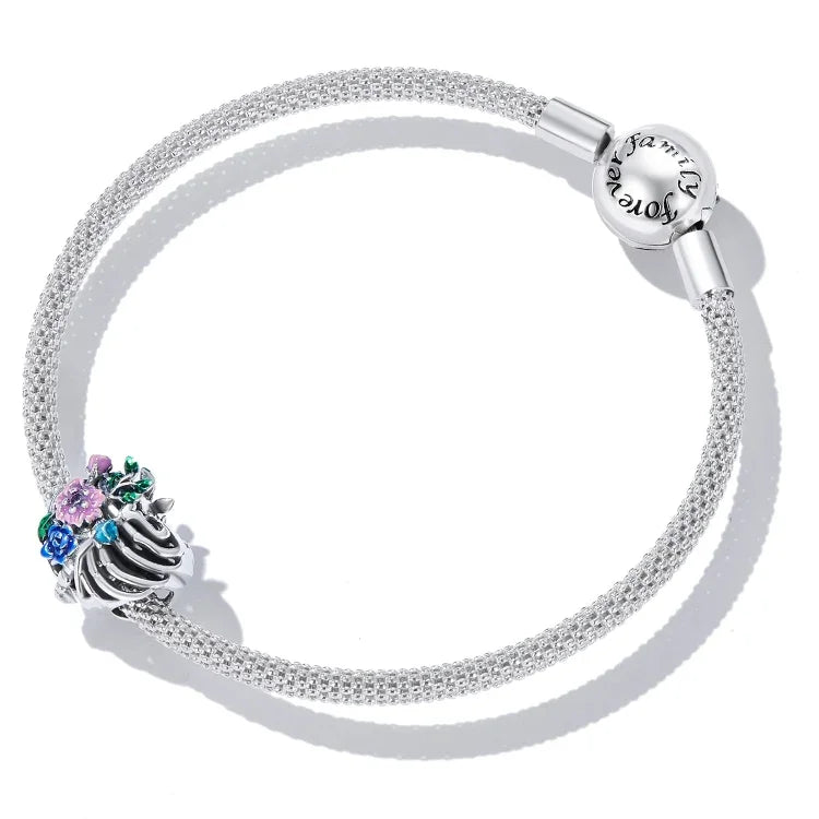 Contas de Flor de Costela em Forma de Coração em Prata Esterlina S925 para DIY Pulseira Colar Acessórios, Flor de Costela em Coração
