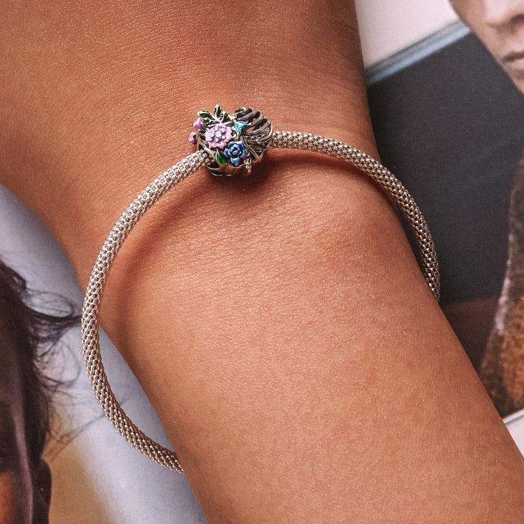 Contas de Flor de Costela em Forma de Coração em Prata Esterlina S925 para DIY Pulseira Colar Acessórios, Flor de Costela em Coração