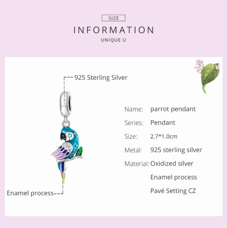 Pendente de Papagaio em Prata Esterlina S925 para DIY Pulseira Colar Acessórios, Papagaio