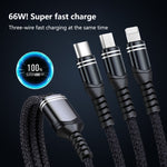 Cabo de dados trançado 3 em 1 6A 66W USB para 8 pinos + Micro USB + USB-C / Tipo-C de carregamento rápido, USB para 8 pinos + Micro USB + Tipo-C