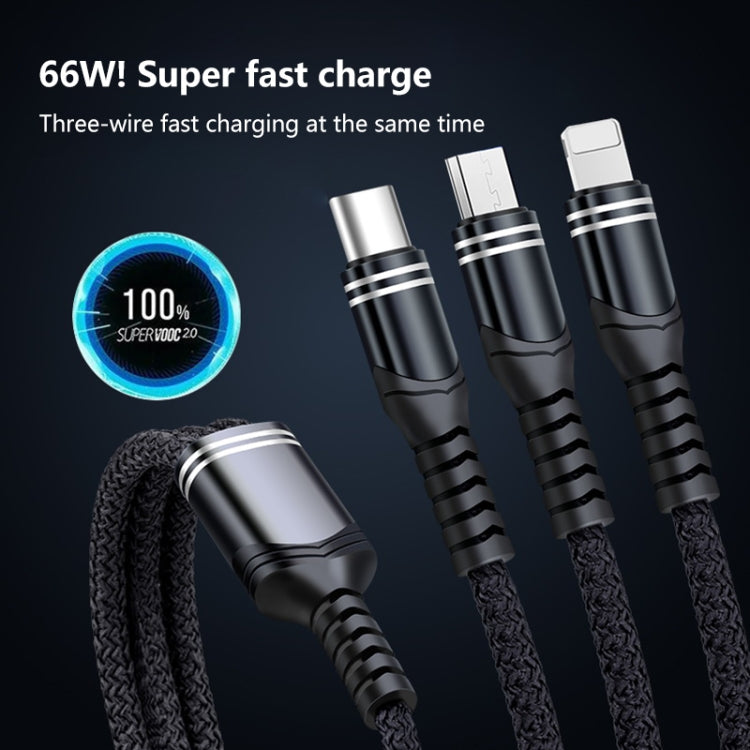 Cabo de dados trançado 3 em 1 6A 66W USB para 8 pinos + Micro USB + USB-C / Tipo-C de carregamento rápido, USB para 8 pinos + Micro USB + Tipo-C