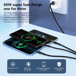 Cabo de dados trançado 3 em 1 6A 66W USB para 8 pinos + Micro USB + USB-C / Tipo-C de carregamento rápido, USB para 8 pinos + Micro USB + Tipo-C