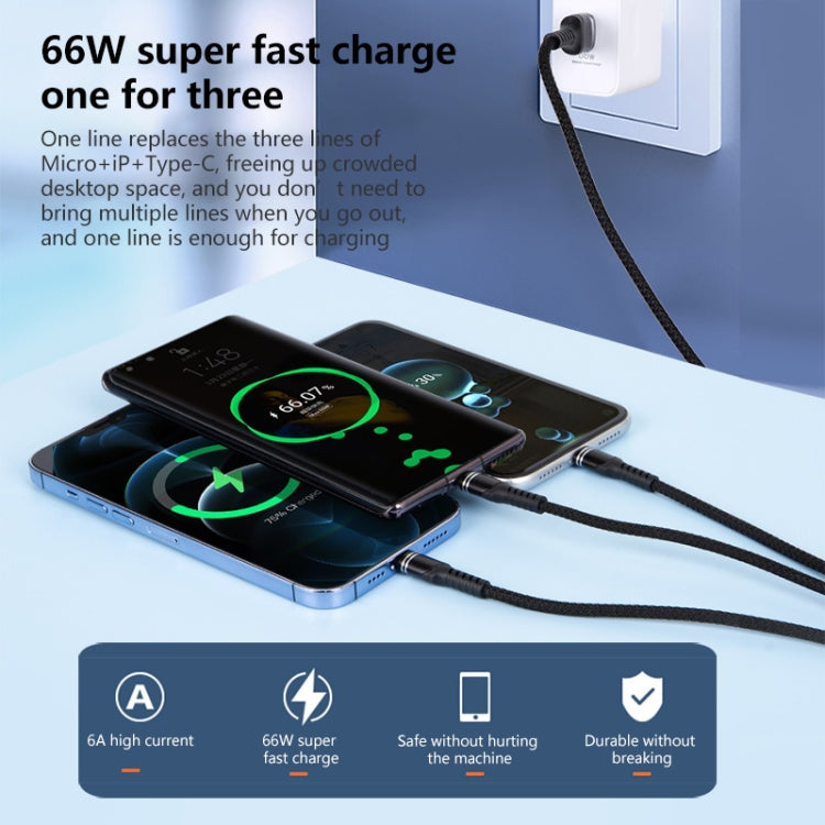 Cabo de dados trançado 3 em 1 6A 66W USB para 8 pinos + Micro USB + USB-C / Tipo-C de carregamento rápido, USB para 8 pinos + Micro USB + Tipo-C