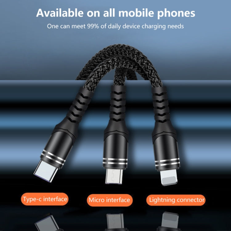 Cabo de dados trançado 3 em 1 6A 66W USB para 8 pinos + Micro USB + USB-C / Tipo-C de carregamento rápido, USB para 8 pinos + Micro USB + Tipo-C