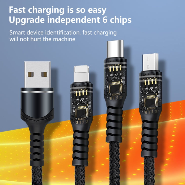 Cabo de dados trançado 3 em 1 6A 66W USB para 8 pinos + Micro USB + USB-C / Tipo-C de carregamento rápido, USB para 8 pinos + Micro USB + Tipo-C