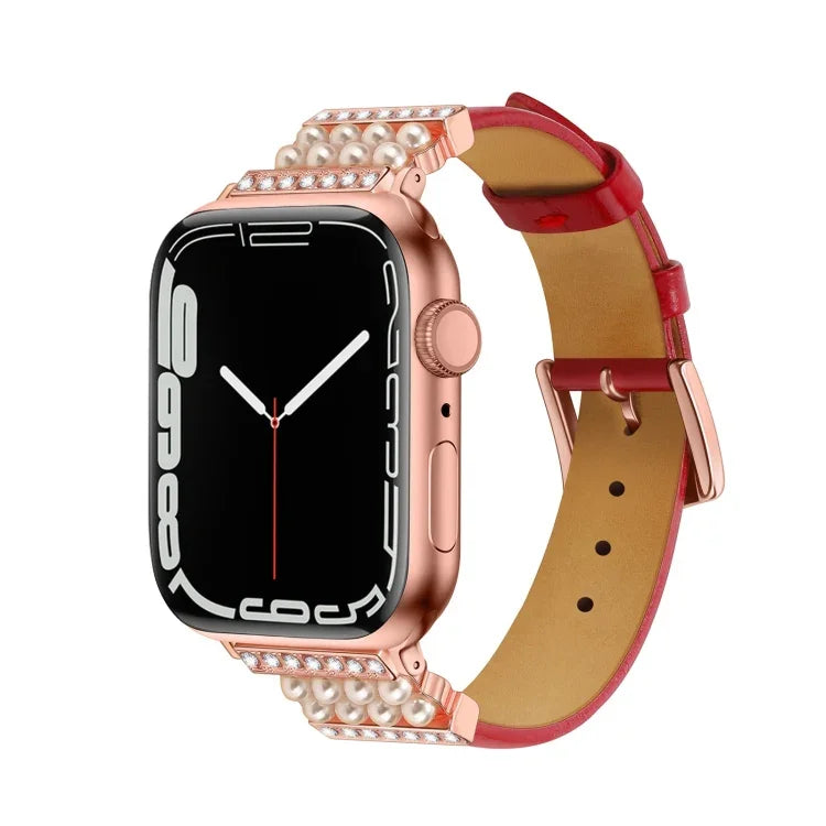 Correia de Relógio em Pele com Diamantes de Pérola para Apple Watch Series, 7 41mm / 6&SE&5&4 40mm / 3&2&1 38mm, 7 45mm / 6&SE&5&4 44mm / 3&2&1 42mm