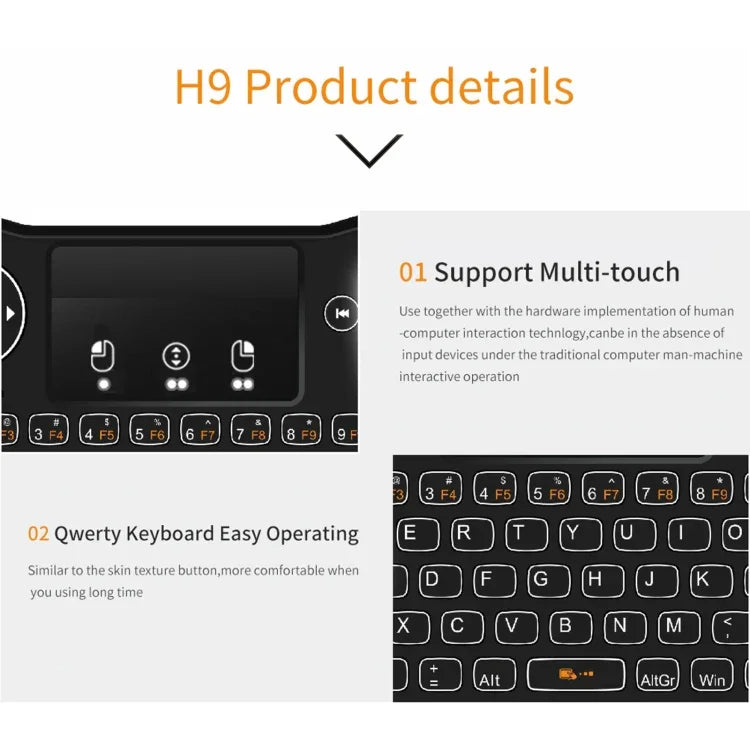 Teclado QWERTY Mini Sem Fios H9 2.4GHz Air Mouse com Retroiluminação Branca e Touchpad para PC, TV, com Retroiluminação Branca