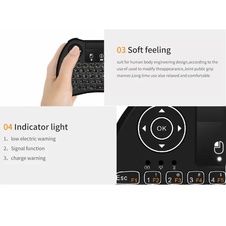 Teclado QWERTY Mini Sem Fios H9 2.4GHz Air Mouse com Retroiluminação Branca e Touchpad para PC, TV, com Retroiluminação Branca