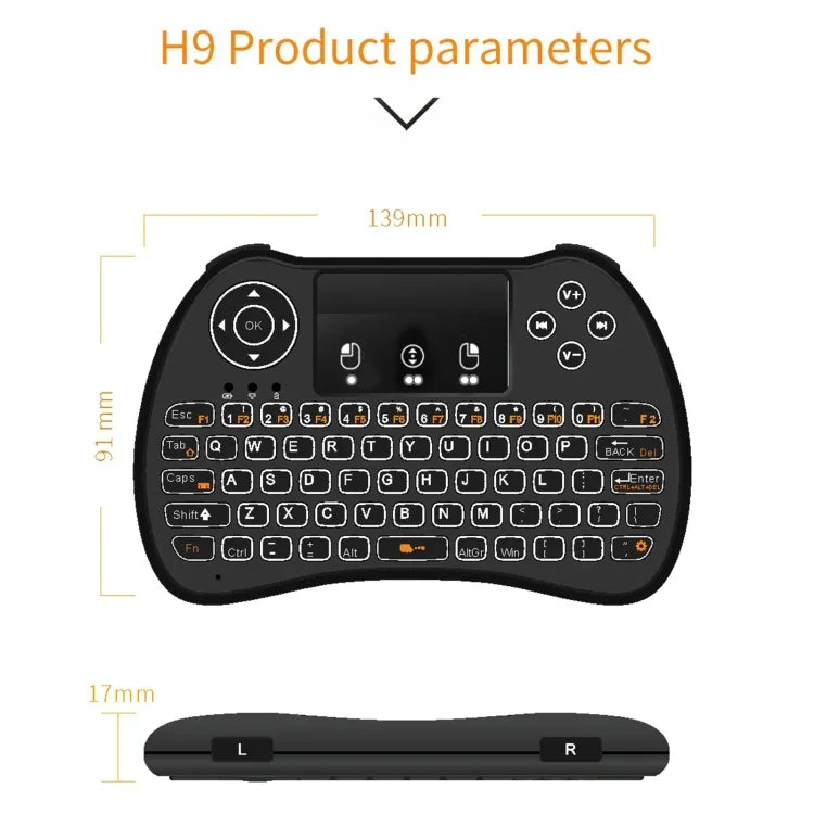 Teclado QWERTY Mini Sem Fios H9 2.4GHz Air Mouse com Retroiluminação Branca e Touchpad para PC, TV, com Retroiluminação Branca