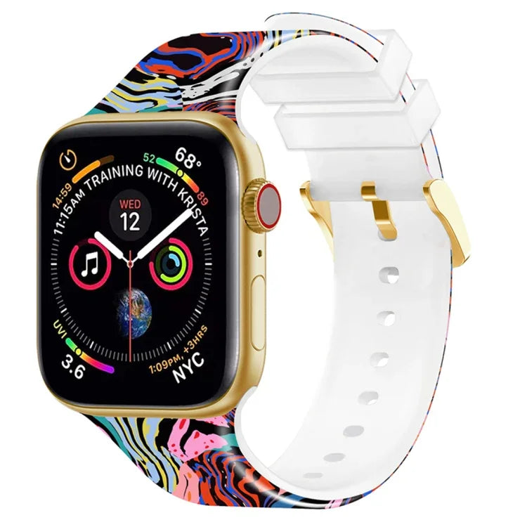 Correia de relógio com impressão colorida e fivela quadrada para Apple Watch Series, 7 45mm / 6&SE&5&4 44mm / 3&2&1 42mm, 7 41mm / 6&SE&5&4 40mm / 3&2&1 38mm