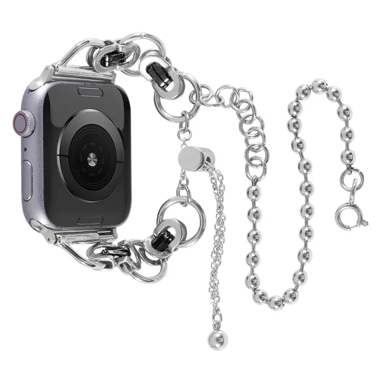 Pulseira de Relógio em Aço Inoxidável com Dupla Corrente e 2 Contas para Apple Watch Series, 7 45mm / 6&SE&5&4 44mm / 3&2&1 42mm, 7 41mm / 6&SE&5&4 40mm / 3&2&1 38mm