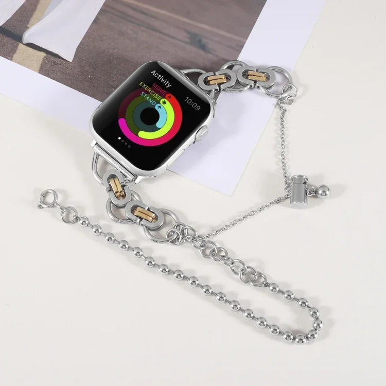 Pulseira de Relógio em Aço Inoxidável com Dupla Corrente e 2 Contas para Apple Watch Series, 7 45mm / 6&SE&5&4 44mm / 3&2&1 42mm, 7 41mm / 6&SE&5&4 40mm / 3&2&1 38mm