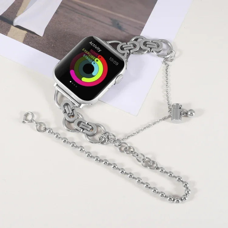 Pulseira de Relógio em Aço Inoxidável com Dupla Corrente e 2 Contas para Apple Watch Series, 7 45mm / 6&SE&5&4 44mm / 3&2&1 42mm, 7 41mm / 6&SE&5&4 40mm / 3&2&1 38mm