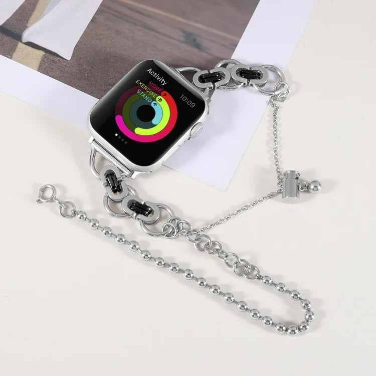 Pulseira de Relógio em Aço Inoxidável com Dupla Corrente e 2 Contas para Apple Watch Series, 7 45mm / 6&SE&5&4 44mm / 3&2&1 42mm, 7 41mm / 6&SE&5&4 40mm / 3&2&1 38mm
