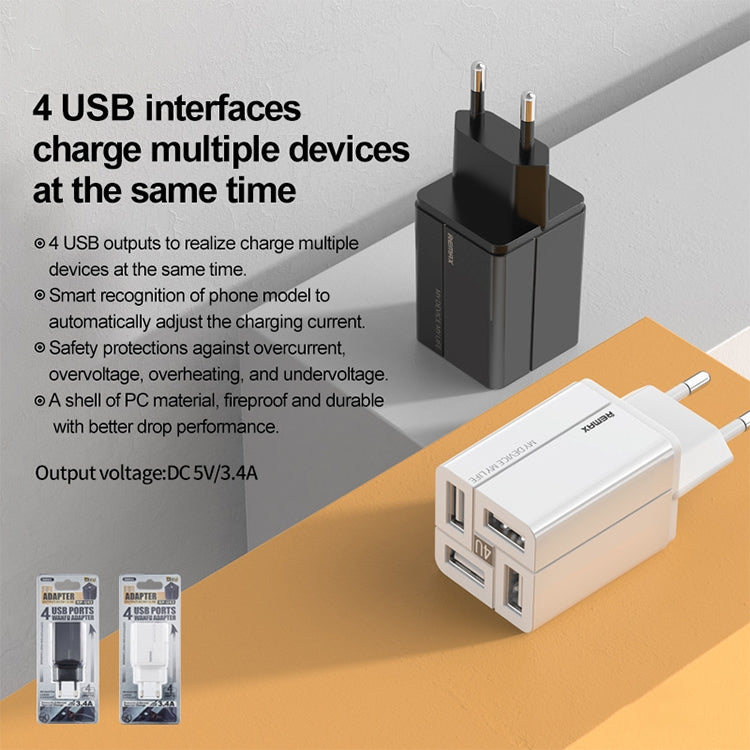 Carregador Rápido REMAX RP-U43 3.4A 4 Portas USB, Ficha UE, Reino Unido