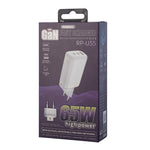 REMAX RP-U55 Territory Series Carregador Rápido 65W USB+Dupla Interface USB-C / Type-C, Ficha UE, Ficha UK, Ficha CN