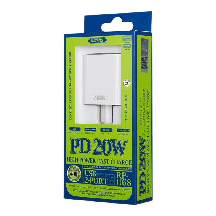 REMAX RP-U68 Speedy Series Carregador Rápido 20W USB+USB-C/Type-C, Ficha CN, Ficha UE, Ficha UK, Ficha EUA