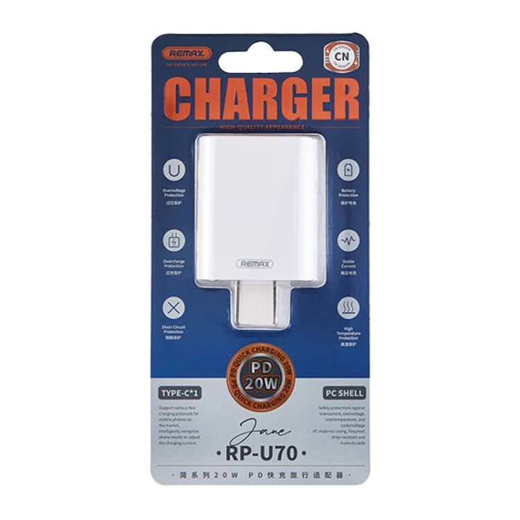 REMAX RP-U70 Jane Series Carregador Rápido 20W USB-C/Type-C PD, Ficha CN, Ficha UK, Ficha EUA