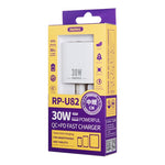 REMAX RP-U82 Carregador Rápido de Interface Dupla USB+USB-C/Type-C 30W, Ficha CN, Ficha UK, Ficha US