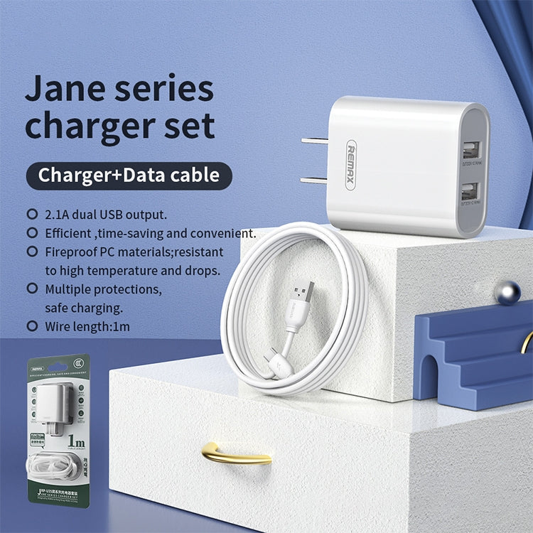 REMAX RP-U35 Série Jane Conjunto de Carregador Rápido com Porta USB Dupla 2.1A, 8 Pinos, Micro USB, USB-C/Type-C