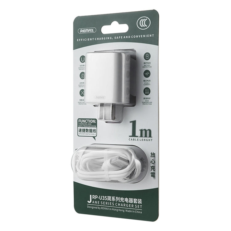 REMAX RP-U35 Série Jane Conjunto de Carregador Rápido com Porta USB Dupla 2.1A, 8 Pinos, Micro USB, USB-C/Type-C