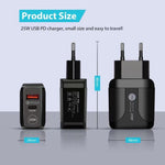 Carregador de Viagem 25W PD Tipo-C + Portas USB QC3.0, Ficha EUA, UE
