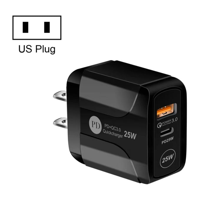 Carregador de Viagem 25W PD Tipo-C + Portas USB QC3.0, Ficha EUA, UE
