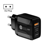 Carregador de Viagem 25W PD Tipo-C + Portas USB QC3.0, Ficha EUA, UE