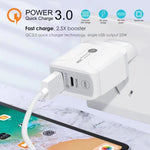 Carregador de Viagem 25W PD Tipo-C + Portas USB QC3.0, Ficha Reino Unido