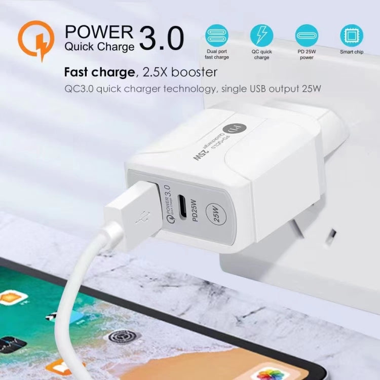 Carregador de Viagem 25W PD Tipo-C + Portas USB QC3.0, Ficha Reino Unido