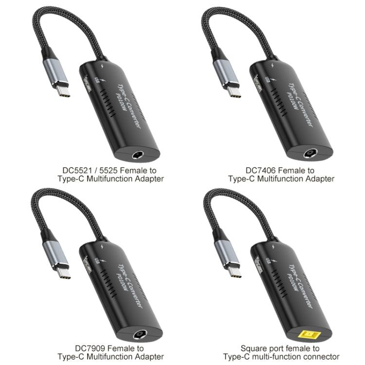 Adaptador Multifuncional + Type-C + USB Fêmea para Type-C, DC5521 / 5525, DC7406, DC7909, Porta Quadrada