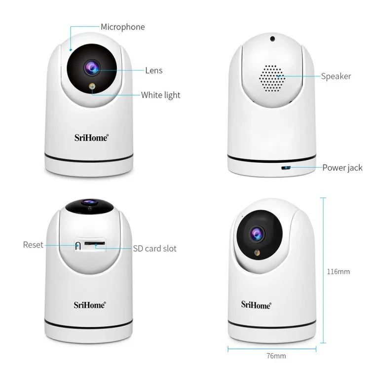 SriHome SH042 Câmara de Vigilância AI WiFi Pan-tilt 2.0MP 1080P HD, SH042