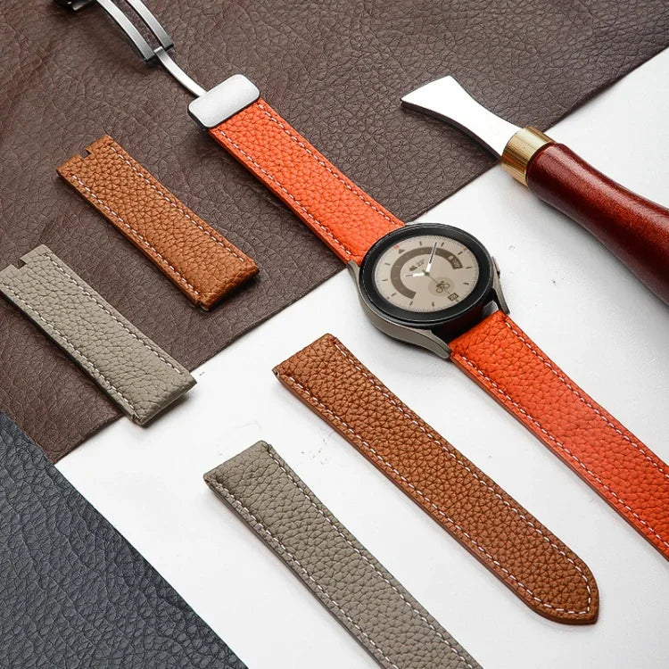 For Samsung Galaxy Watch5 40mm / 44mm Litchi Genuine Leather Watch Band, Black Buckle, Silver Buckle