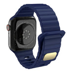 Breathable silicone watch strap for Apple Watch shown in dark blue, compatible with multiple series and sizes.