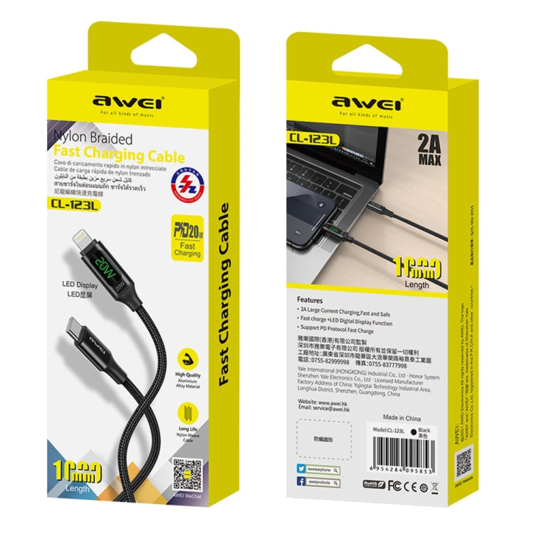 Cabo de Carregamento Rápido com Ecrã Digital awei CL-123L 1m USB-C / Type-C para 8 Pinos, CL-123L