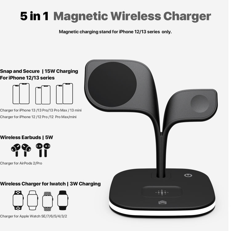 YM-UD22 Carregador Sem Fios Magnético 5 em 1 com Função de Suporte, 15W
