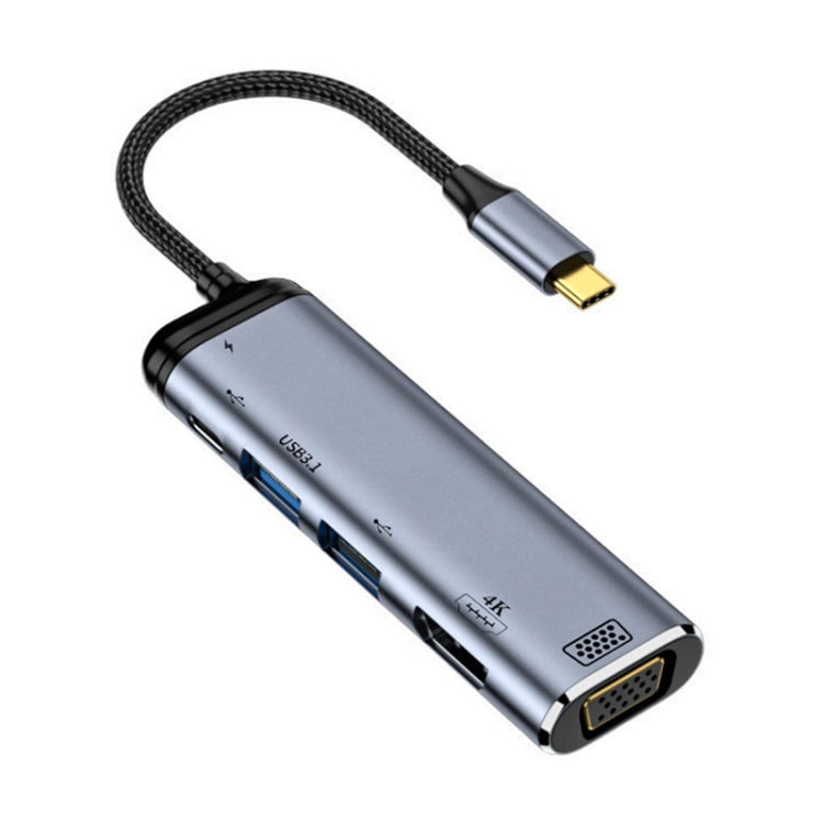 Adaptador Multifuncional Y002 6 em 1 Tipo-C para VGA+HDMI+USB Duplo+USB-C Duplo/Tipo-C, Y002