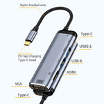 Adaptador Multifuncional Y002 6 em 1 Tipo-C para VGA+HDMI+USB Duplo+USB-C Duplo/Tipo-C, Y002