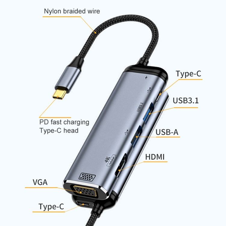 Adaptador Multifuncional Y002 6 em 1 Tipo-C para VGA+HDMI+USB Duplo+USB-C Duplo/Tipo-C, Y002