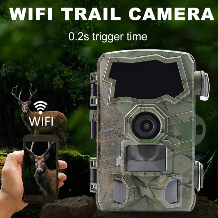 H888WIFI 4K hunting trail camera with WiFi featuring 0.2s trigger time and camouflaged design for wildlife monitoring.