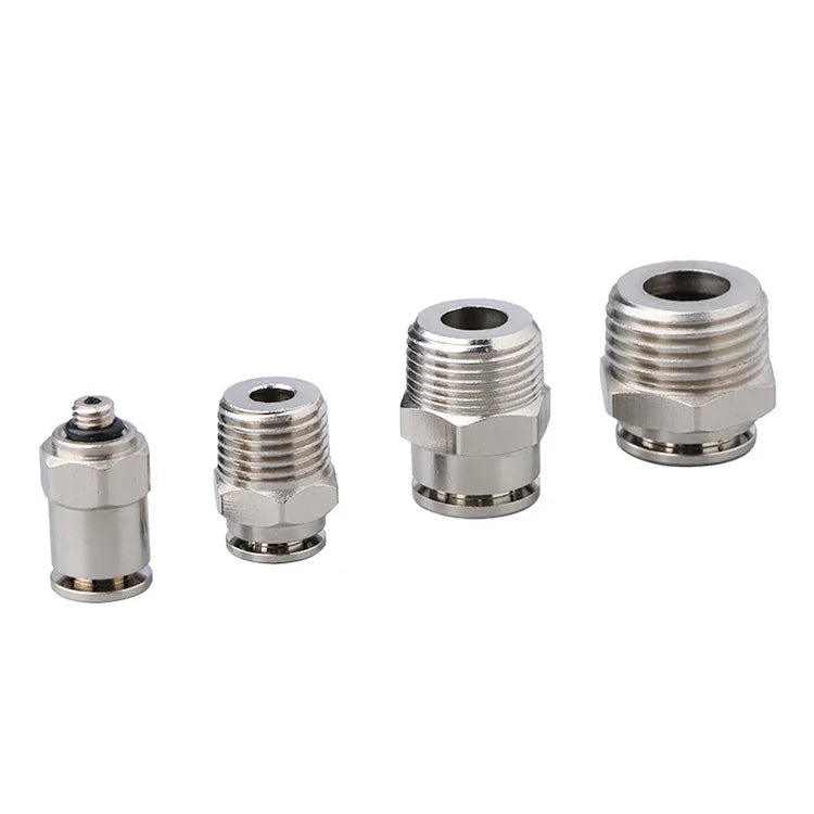 Conector Rápido Pneumático Reto com Rosca Macho em Cobre Níquelado LAIZE, PC4-01, PC4-02, PC4-M5, PC6-01, PC6-02, PC6-03, PC6-04, PC6-M5, PC8-01, PC8-02, PC8-03, PC8-04, PC10-01, PC10-02, PC10-03, PC10-04, PC12-01, PC12-02, PC12-03, PC12-04, PC14-02