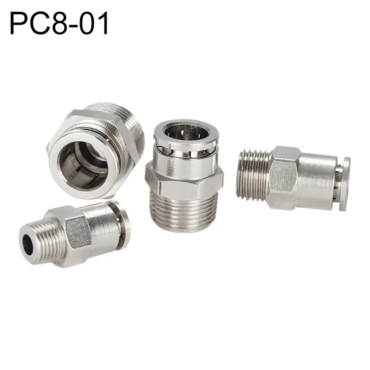Conector Rápido Pneumático Reto com Rosca Macho em Cobre Níquelado LAIZE, PC4-01, PC4-02, PC4-M5, PC6-01, PC6-02, PC6-03, PC6-04, PC6-M5, PC8-01, PC8-02, PC8-03, PC8-04, PC10-01, PC10-02, PC10-03, PC10-04, PC12-01, PC12-02, PC12-03, PC12-04, PC14-02